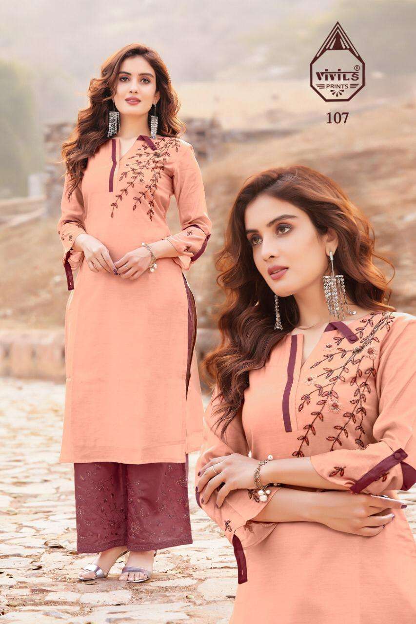 GLAMOUR VOL-5 BY VIVILS PRINTS 101 TO 107 SERIES DESIGNER STYLISH FANCY COLORFUL BEAUTIFUL PARTY WEAR & ETHNIC WEAR COLLECTION VISCOSE MUSLIN KURTIS WITH BOTTOM AT WHOLESALE PRICE
