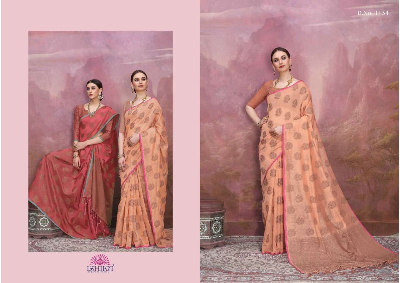 REGAL BY ISHIKA FASHION 1131 TO 1136 SERIES INDIAN TRADITIONAL WEAR COLLECTION BEAUTIFUL STYLISH FANCY COLORFUL PARTY WEAR & OCCASIONAL WEAR LINEN SAREES AT WHOLESALE PRICE