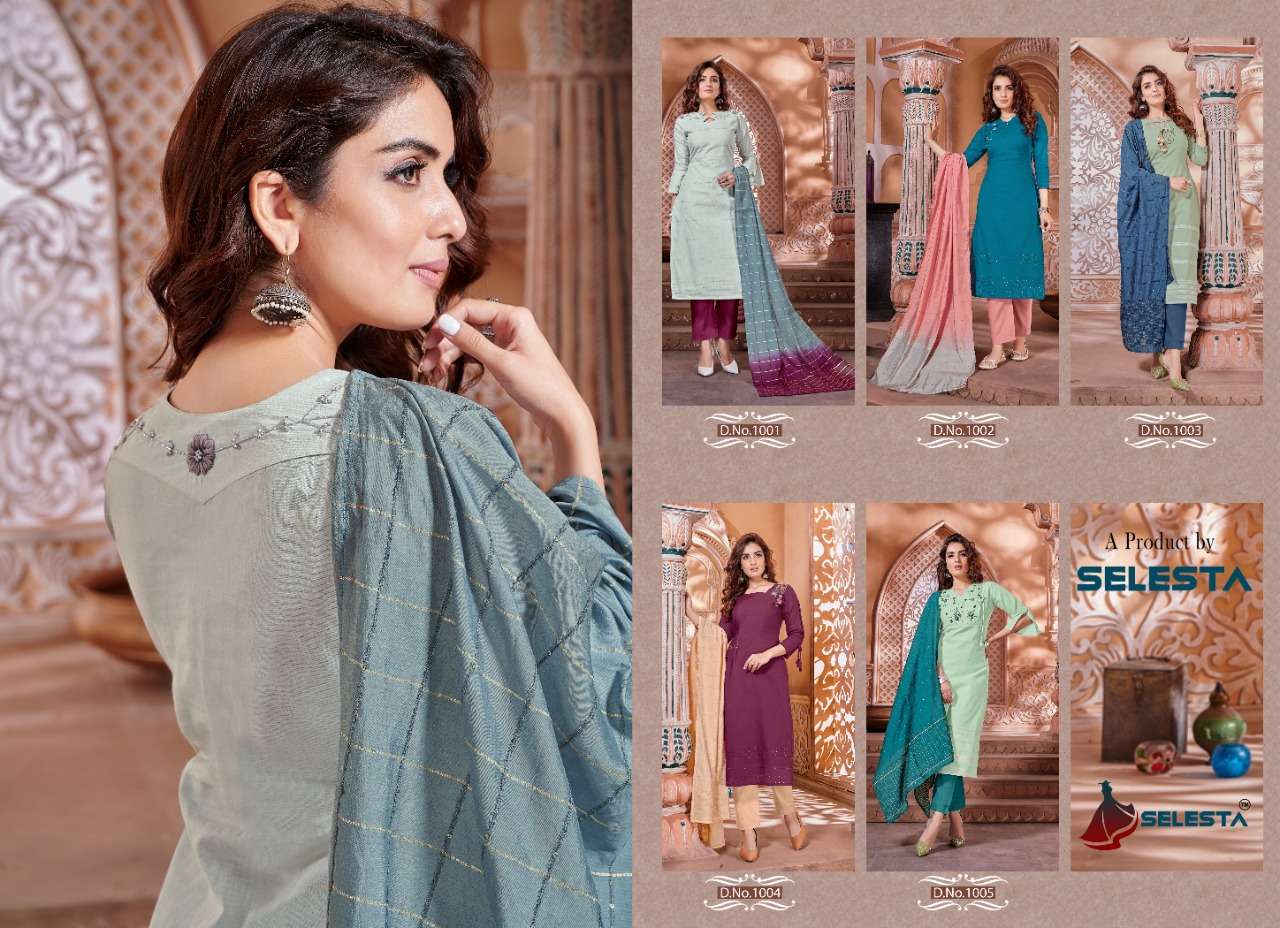 NAYSHA BY SELESTA 1001 TO 1005 SERIES BEAUTIFUL SUITS STYLISH FANCY COLORFUL PARTY WEAR & OCCASIONAL WEAR PURE COTTON HANDWORK DRESSES AT WHOLESALE PRICE