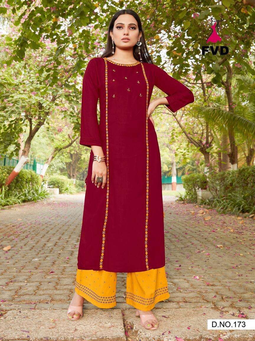 PARI VOL-1 BY FVD 172 TO 177 SERIES DESIGNER STYLISH FANCY COLORFUL BEAUTIFUL PARTY WEAR & ETHNIC WEAR COLLECTION RAYON EMBROIDERED KURTIS WITH BOTTOM AT WHOLESALE PRICE
