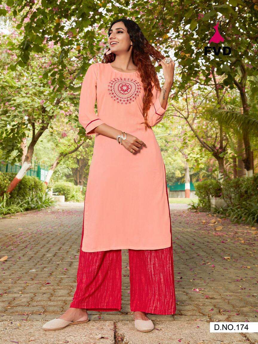 PARI VOL-1 BY FVD 172 TO 177 SERIES DESIGNER STYLISH FANCY COLORFUL BEAUTIFUL PARTY WEAR & ETHNIC WEAR COLLECTION RAYON EMBROIDERED KURTIS WITH BOTTOM AT WHOLESALE PRICE