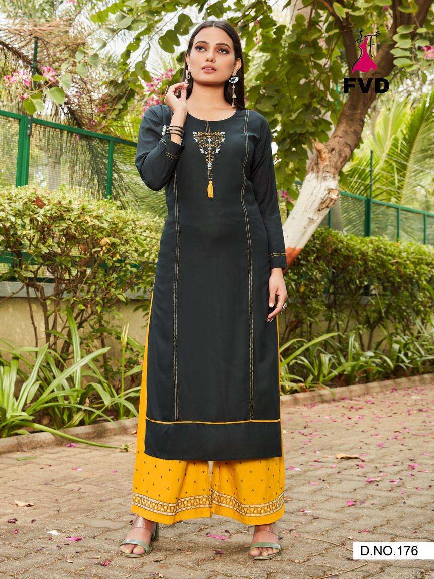 PARI VOL-1 BY FVD 172 TO 177 SERIES DESIGNER STYLISH FANCY COLORFUL BEAUTIFUL PARTY WEAR & ETHNIC WEAR COLLECTION RAYON EMBROIDERED KURTIS WITH BOTTOM AT WHOLESALE PRICE