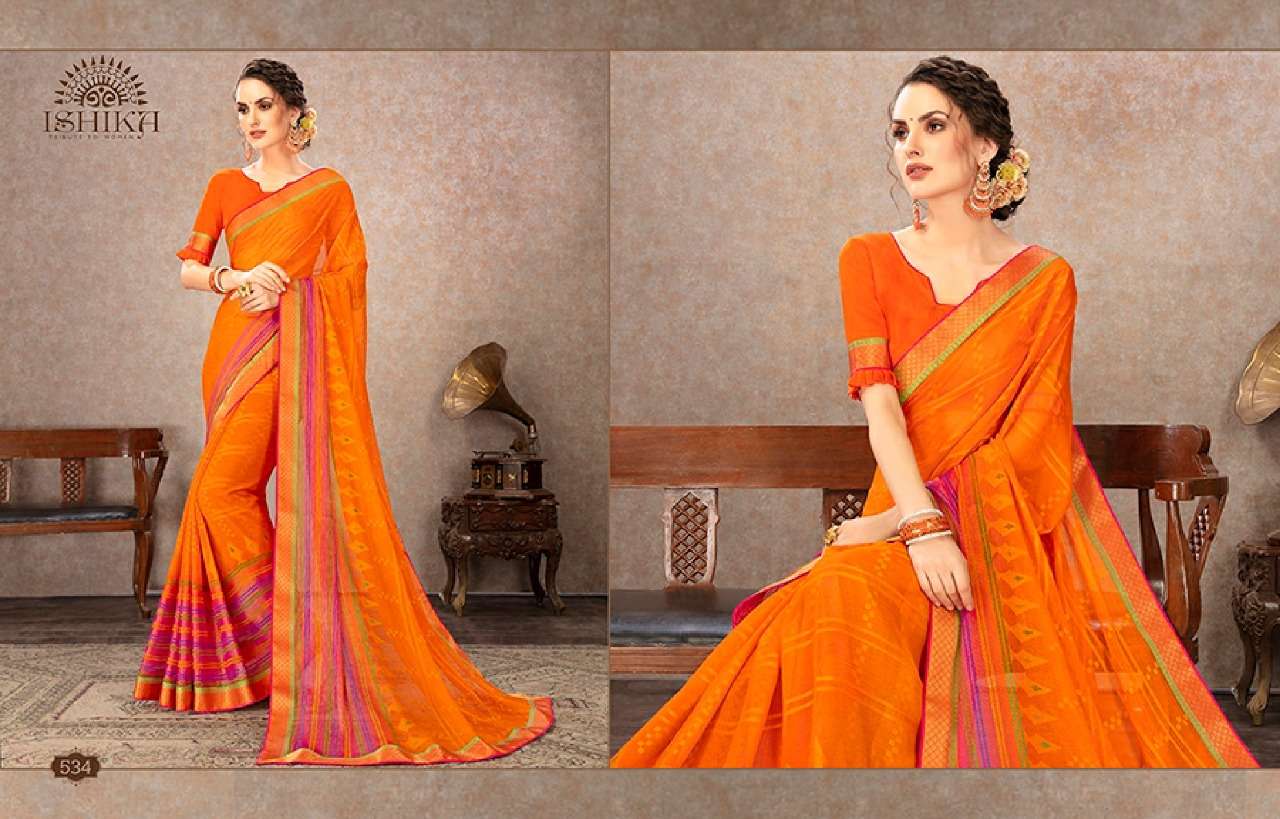 SHUBHAM BY ISHIKA FASHION 521 TO 534 SERIES INDIAN TRADITIONAL WEAR COLLECTION BEAUTIFUL STYLISH FANCY COLORFUL PARTY WEAR & OCCASIONAL WEAR CHIFFON BRASSO SAREES AT WHOLESALE PRICE