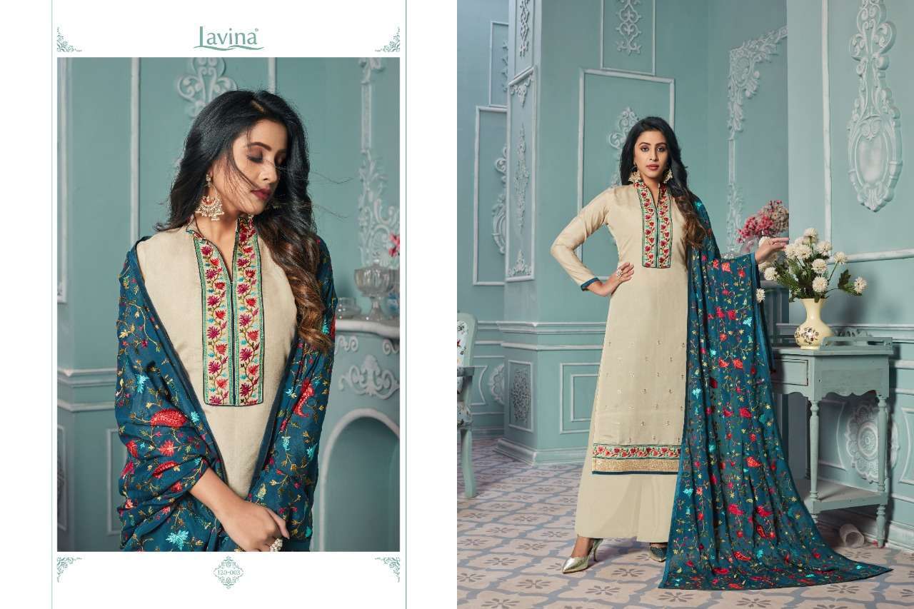 LAVINA VOL-120 BY LAVINA 120-001 TO 120-004 SERIES BEAUTIFUL PAKISTANI SUITS COLORFUL STYLISH FANCY CASUAL WEAR & ETHNIC WEAR TUSSAR SILK EMBROIDERED DRESSES AT WHOLESALE PRICE