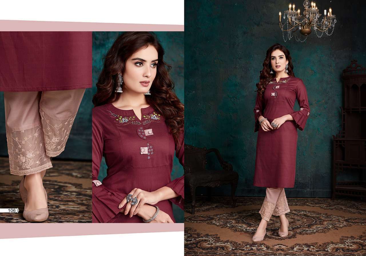 SHERON BY VIVILS PRINTS 101 TO 107 SERIES BEAUTIFUL STYLISH FANCY COLORFUL CASUAL WEAR & ETHNIC WEAR & READY TO WEAR VISCOSE MUSLIN KURTIS WITH BOTTOM AT WHOLESALE PRICE