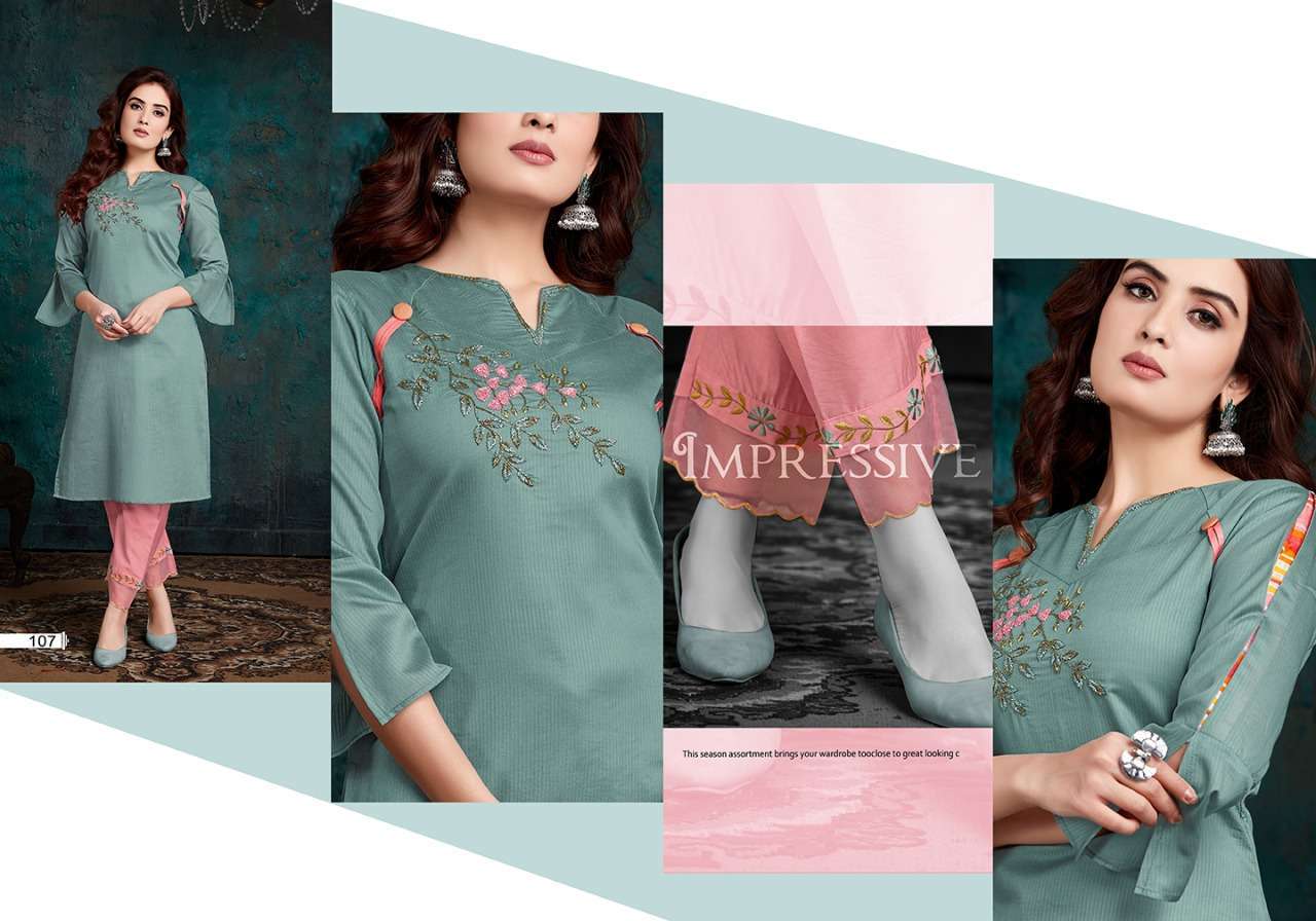 SHERON BY VIVILS PRINTS 101 TO 107 SERIES BEAUTIFUL STYLISH FANCY COLORFUL CASUAL WEAR & ETHNIC WEAR & READY TO WEAR VISCOSE MUSLIN KURTIS WITH BOTTOM AT WHOLESALE PRICE