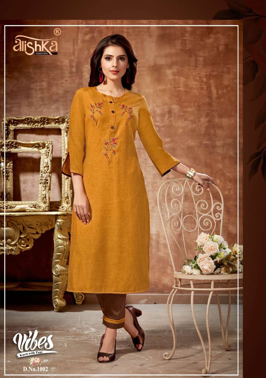 VIBES BY ALISHKA FASHION 1001 TO 1006 SERIES STYLISH FANCY BEAUTIFUL COLORFUL CASUAL WEAR & ETHNIC WEAR RAYON SLUB KURTIS WITH BOTTOM AT WHOLESALE PRICE