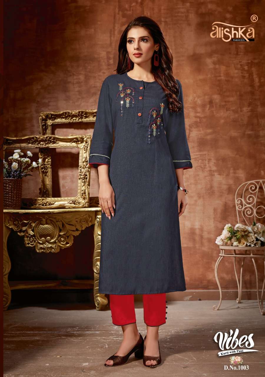 VIBES BY ALISHKA FASHION 1001 TO 1006 SERIES STYLISH FANCY BEAUTIFUL COLORFUL CASUAL WEAR & ETHNIC WEAR RAYON SLUB KURTIS WITH BOTTOM AT WHOLESALE PRICE