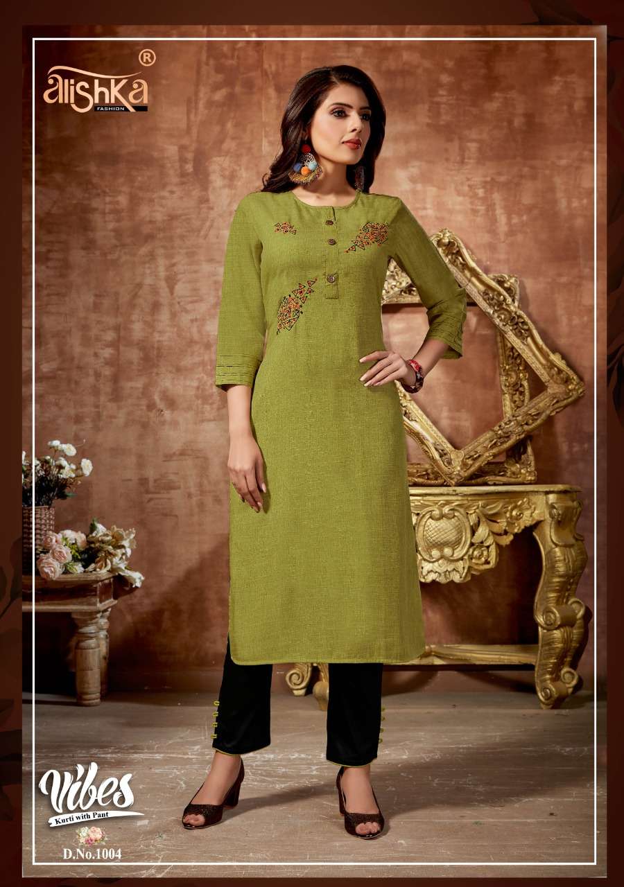 VIBES BY ALISHKA FASHION 1001 TO 1006 SERIES STYLISH FANCY BEAUTIFUL COLORFUL CASUAL WEAR & ETHNIC WEAR RAYON SLUB KURTIS WITH BOTTOM AT WHOLESALE PRICE