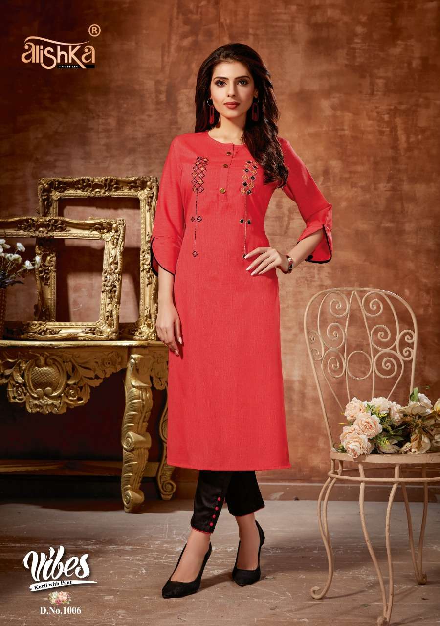 VIBES BY ALISHKA FASHION 1001 TO 1006 SERIES STYLISH FANCY BEAUTIFUL COLORFUL CASUAL WEAR & ETHNIC WEAR RAYON SLUB KURTIS WITH BOTTOM AT WHOLESALE PRICE