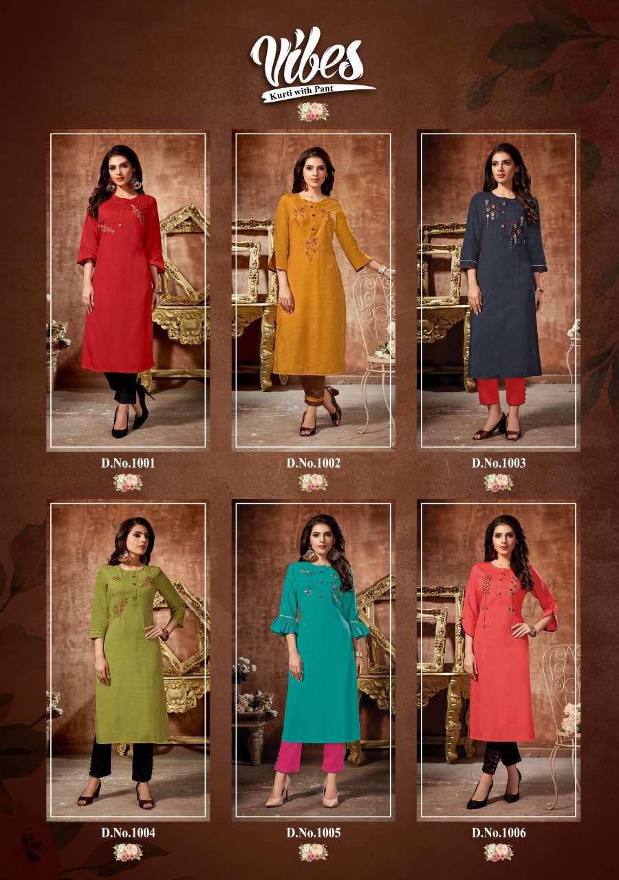 VIBES BY ALISHKA FASHION 1001 TO 1006 SERIES STYLISH FANCY BEAUTIFUL COLORFUL CASUAL WEAR & ETHNIC WEAR RAYON SLUB KURTIS WITH BOTTOM AT WHOLESALE PRICE