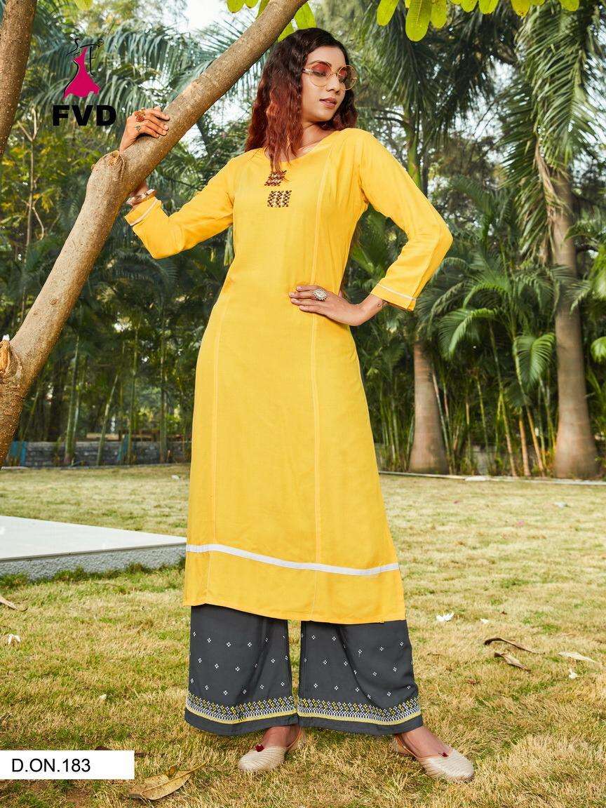 BEGUM VOL-1 BY FVD 179 TO 184 SERIES DESIGNER STYLISH FANCY COLORFUL BEAUTIFUL PARTY WEAR & ETHNIC WEAR COLLECTION RAYON EMBROIDERY KURTIS WITH BOTTOM AT WHOLESALE PRICE