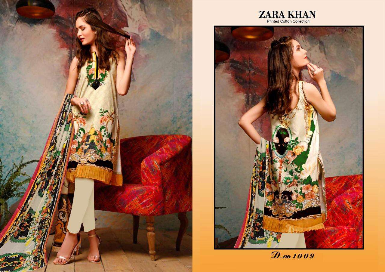 ZARA KHAN BY KARACHI PRINTS 1001 TO 1010 SERIES BEAUTIFUL COLORFUL STYLISH PRETTY PARTY WEAR CASUAL WEAR OCCASIONAL WEAR COTTON PRINT DRESSES AT WHOLESALE PRICE