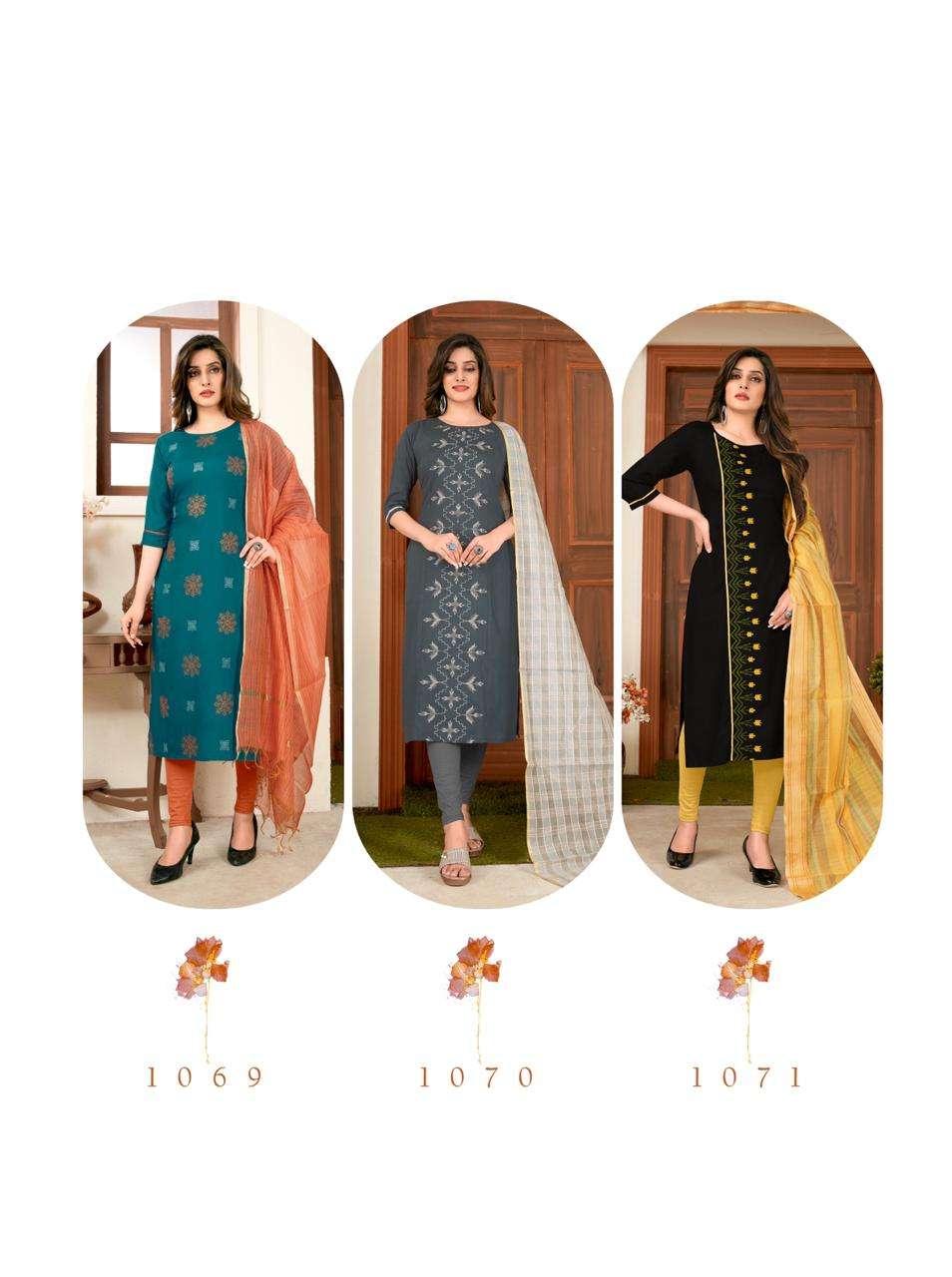 NARI VOL-11 BY RT 1066 TO 1071 SERIES STYLISH FANCY COLORFUL COLLECTION CASUAL WEAR & ETHNIC WEAR RAYON SLUB KURTIS WITH DUPATTA AT WHOLESALE PRICE