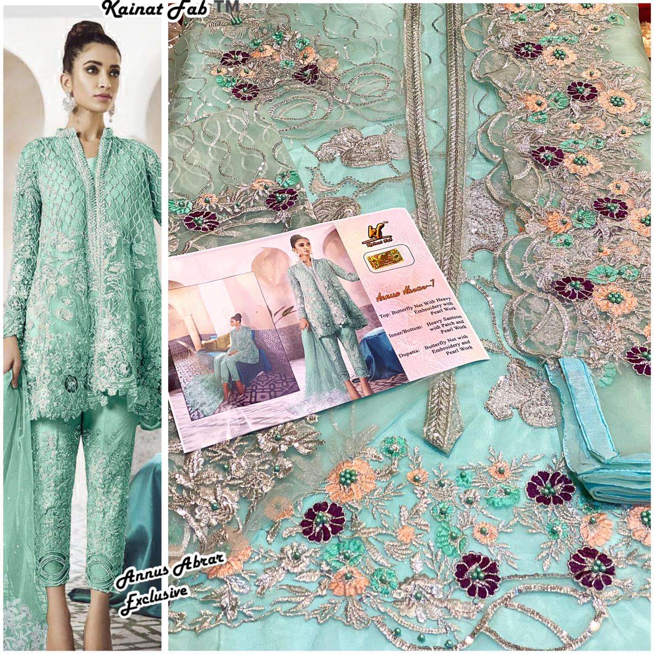 ANNUS ABRAR 7 BY KAINAT FAB BEAUTIFUL STYLISH SUITS FANCY COLORFUL CASUAL WEAR & ETHNIC WEAR & READY TO WEAR BUTTERFLY NET EMBROIDERY DRESSES AT WHOLESALE PRICE