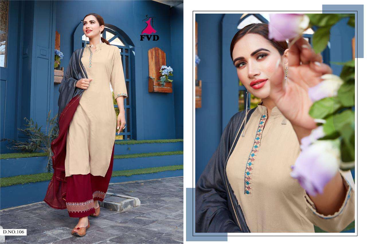 JALSA VOL-1 BY FVD 101 TO 106 SERIES BEAUTIFUL STYLISH FANCY COLORFUL CASUAL WEAR & ETHNIC WEAR RAYON WITH EMBROIDERED DRESSES AT WHOLESALE PRICE