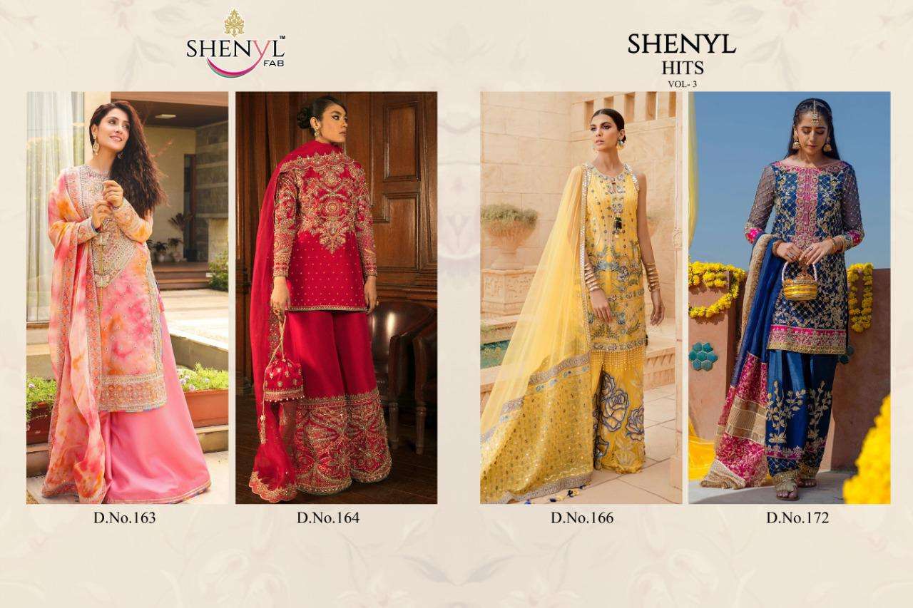 SHENYL HITS VOL-3 BY SHENYL DESIGNER PAKISTANI SUITS BEAUTIFUL STYLISH FANCY COLORFUL PARTY WEAR & OCCASIONAL WEAR FAUX GEORGETTE EMBROIDERY DRESSES AT WHOLESALE PRICE
