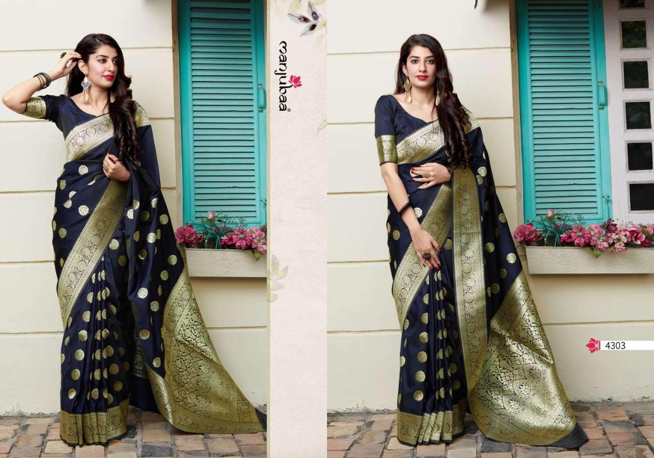 MAHADEVI SILK BY MANJUBAA CLOTHING 4301 TO 4304 SERIES INDIAN TRADITIONAL WEAR COLLECTION BEAUTIFUL STYLISH FANCY COLORFUL PARTY WEAR & OCCASIONAL WEAR BANARASI SILK SAREES AT WHOLESALE PRICE