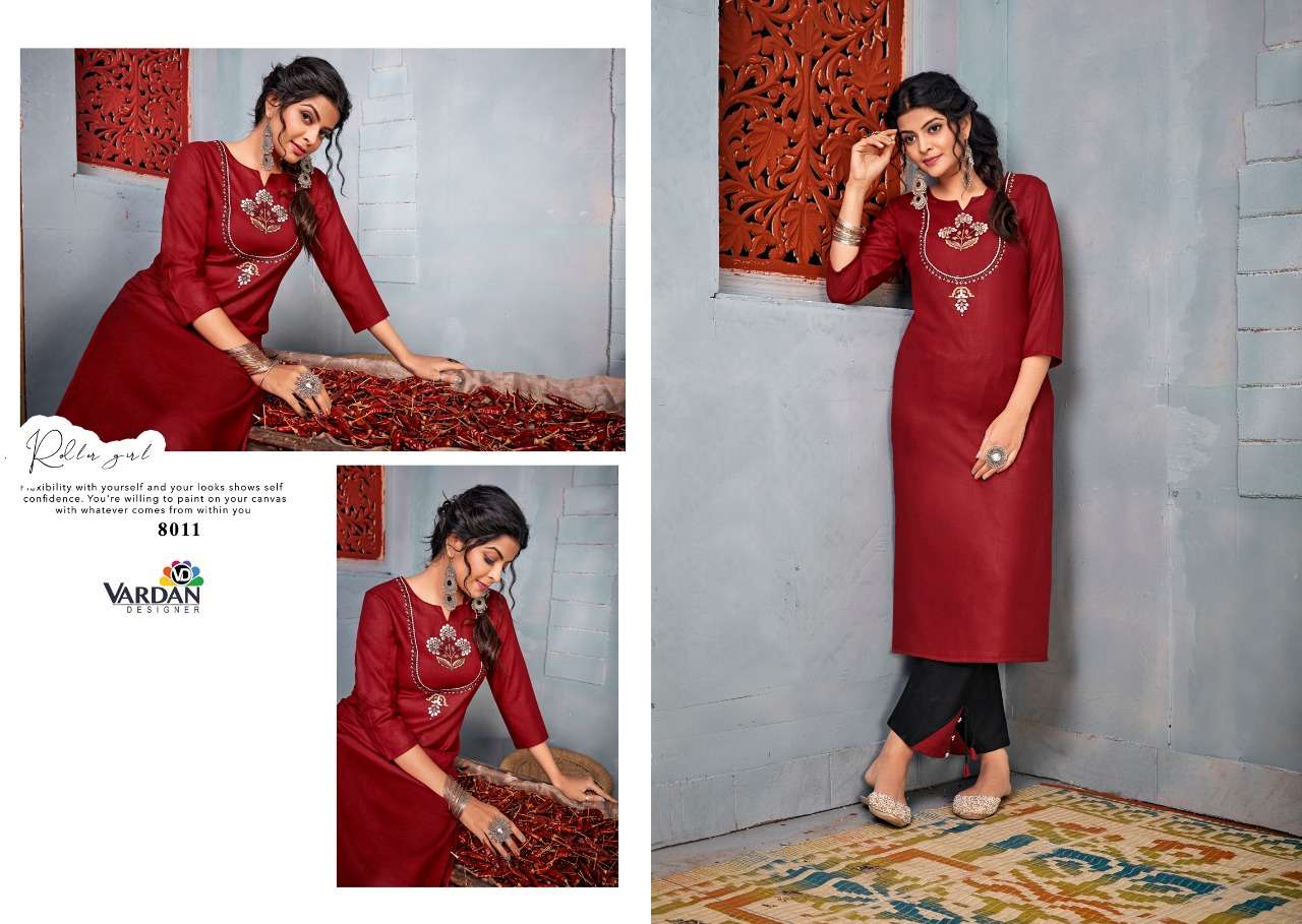 Jhumka Vol-1 By Vardan Designer 8011 To 8016 Series Designer Stylish Fancy Colorful Beautiful Party Wear & Ethnic Wear Collection Heavy Rayon Embroidery Kurtis With Bottom At Wholesale Price