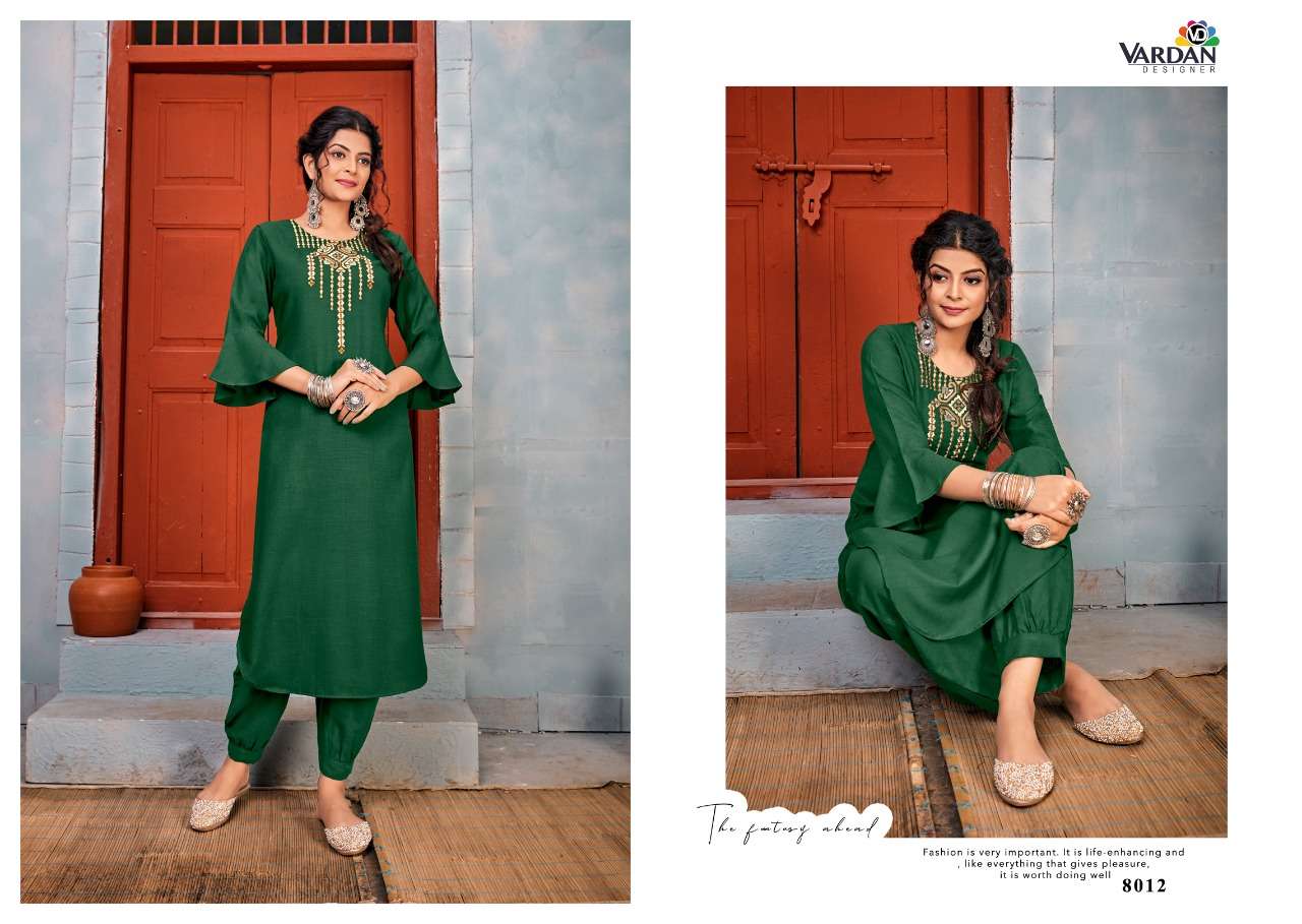 Jhumka Vol-1 By Vardan Designer 8011 To 8016 Series Designer Stylish Fancy Colorful Beautiful Party Wear & Ethnic Wear Collection Heavy Rayon Embroidery Kurtis With Bottom At Wholesale Price