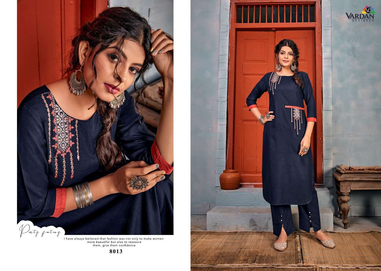 Jhumka Vol-1 By Vardan Designer 8011 To 8016 Series Designer Stylish Fancy Colorful Beautiful Party Wear & Ethnic Wear Collection Heavy Rayon Embroidery Kurtis With Bottom At Wholesale Price