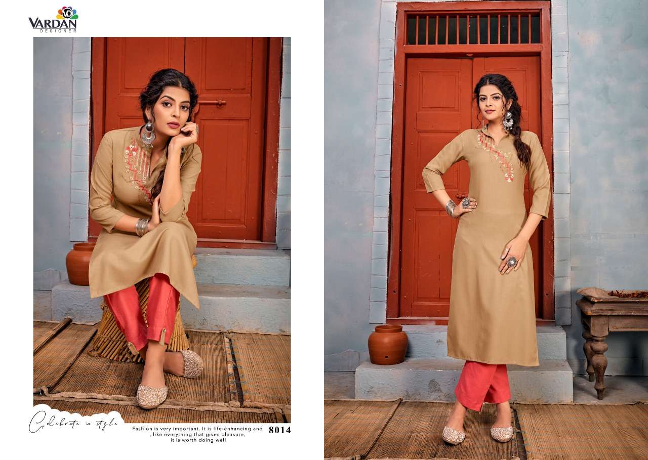 Jhumka Vol-1 By Vardan Designer 8011 To 8016 Series Designer Stylish Fancy Colorful Beautiful Party Wear & Ethnic Wear Collection Heavy Rayon Embroidery Kurtis With Bottom At Wholesale Price