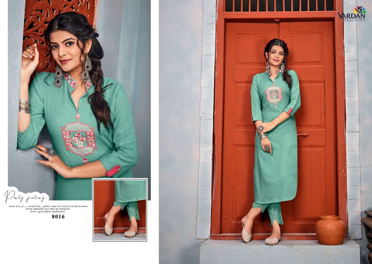 Jhumka Vol-1 By Vardan Designer 8011 To 8016 Series Designer Stylish Fancy Colorful Beautiful Party Wear & Ethnic Wear Collection Heavy Rayon Embroidery Kurtis With Bottom At Wholesale Price