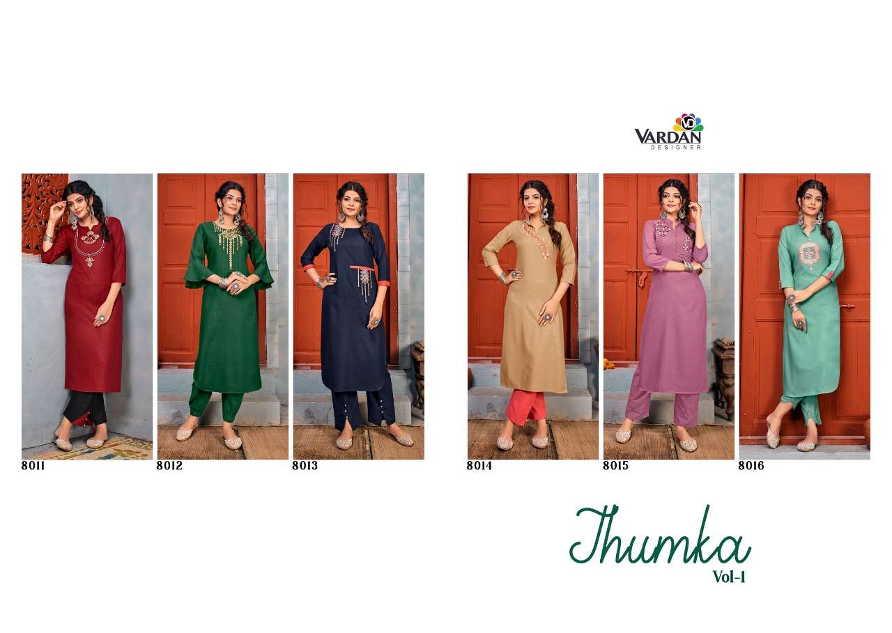 Jhumka Vol-1 By Vardan Designer 8011 To 8016 Series Designer Stylish Fancy Colorful Beautiful Party Wear & Ethnic Wear Collection Heavy Rayon Embroidery Kurtis With Bottom At Wholesale Price