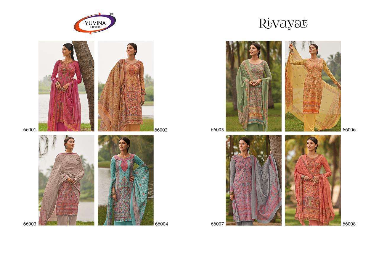 RIVAYAT BY YUVINA EXPORTS 66001 TO 66008 SERIES BEAUTIFUL PATIYALA SUITS STYLISH FANCY COLORFUL PARTY WEAR & OCCASIONAL WEAR JAM PRINTED DRESSES AT WHOLESALE PRICE