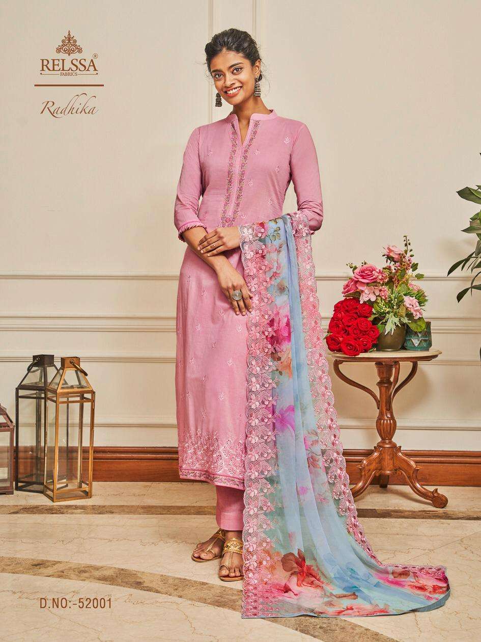 RADHIKA BY RELSSA FABRICS 52001 TO 52006 SERIES BEAUTIFUL STYLISH SHARARA SUITS FANCY COLORFUL CASUAL WEAR & ETHNIC WEAR & READY TO WEAR SUPERIOR COTTON LAWN EMBROIDERED DRESSES AT WHOLESALE PRICE