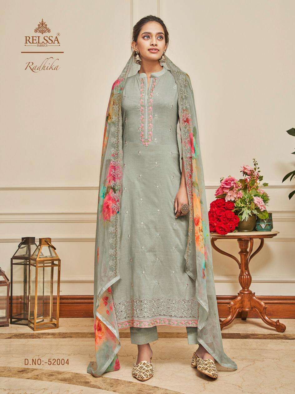 RADHIKA BY RELSSA FABRICS 52001 TO 52006 SERIES BEAUTIFUL STYLISH SHARARA SUITS FANCY COLORFUL CASUAL WEAR & ETHNIC WEAR & READY TO WEAR SUPERIOR COTTON LAWN EMBROIDERED DRESSES AT WHOLESALE PRICE