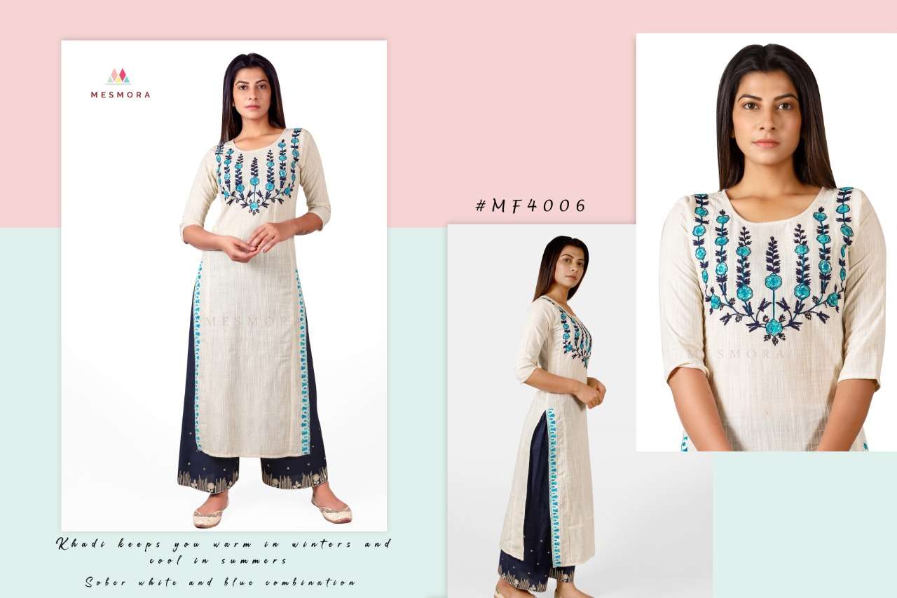 GULMOHAR VOL-2 BY MESMORA 4000 TO 4010 SERIES DESIGNER STYLISH FANCY COLORFUL BEAUTIFUL PARTY WEAR & ETHNIC WEAR COLLECTION PURE KHADI EMBROIDERY KURTIS WITH BOTTOM AT WHOLESALE PRICE