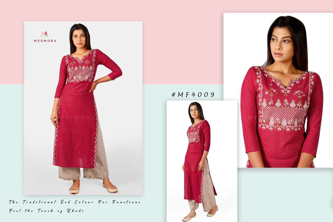 GULMOHAR VOL-2 BY MESMORA 4000 TO 4010 SERIES DESIGNER STYLISH FANCY COLORFUL BEAUTIFUL PARTY WEAR & ETHNIC WEAR COLLECTION PURE KHADI EMBROIDERY KURTIS WITH BOTTOM AT WHOLESALE PRICE