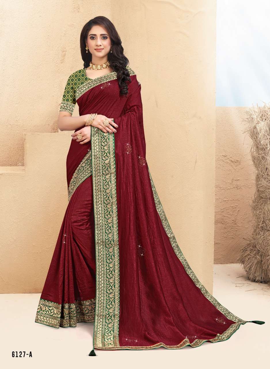 JANAK JANANI BY INDIAN WOMEN 6127-A TO 6127-F SERIES INDIAN TRADITIONAL WEAR COLLECTION BEAUTIFUL STYLISH FANCY COLORFUL PARTY WEAR & OCCASIONAL WEAR RICH SILK SAREES AT WHOLESALE PRICE