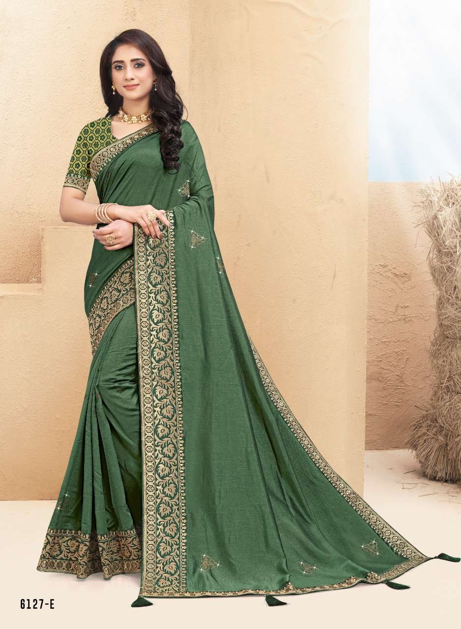 JANAK JANANI BY INDIAN WOMEN 6127-A TO 6127-F SERIES INDIAN TRADITIONAL WEAR COLLECTION BEAUTIFUL STYLISH FANCY COLORFUL PARTY WEAR & OCCASIONAL WEAR RICH SILK SAREES AT WHOLESALE PRICE