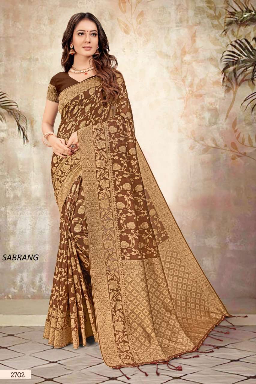 SABRANG BY SHREE MATARAM 2701 TO 2709 SERIES INDIAN TRADITIONAL WEAR COLLECTION BEAUTIFUL STYLISH FANCY COLORFUL PARTY WEAR & OCCASIONAL WEAR CHANDERI COTTON PRINTED SAREES AT WHOLESALE PRICE