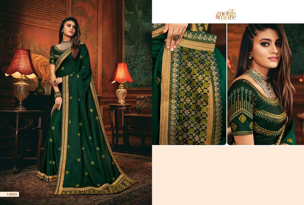 M AND M VOL-14 BY MOTIFS AND MORE INDIAN TRADITIONAL WEAR COLLECTION BEAUTIFUL STYLISH FANCY COLORFUL PARTY WEAR & OCCASIONAL WEAR SATIN GEORGETTE SAREES AT WHOLESALE PRICE