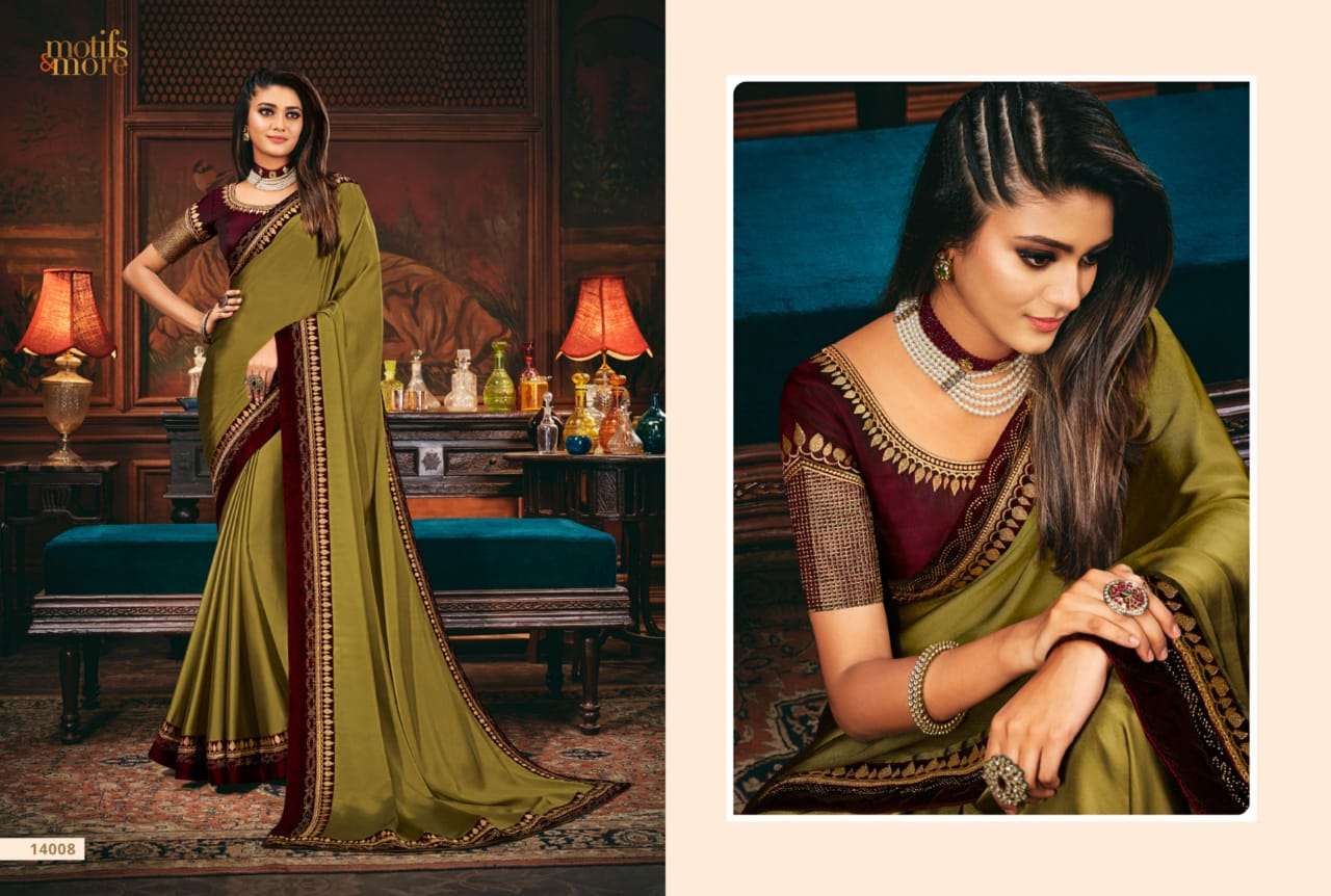 M AND M VOL-14 BY MOTIFS AND MORE INDIAN TRADITIONAL WEAR COLLECTION BEAUTIFUL STYLISH FANCY COLORFUL PARTY WEAR & OCCASIONAL WEAR SATIN GEORGETTE SAREES AT WHOLESALE PRICE