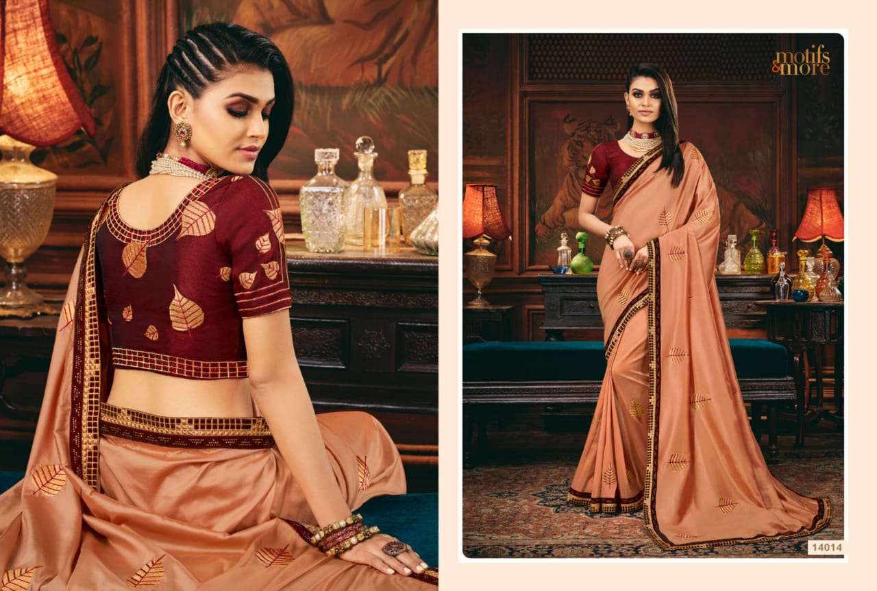 M AND M VOL-14 BY MOTIFS AND MORE INDIAN TRADITIONAL WEAR COLLECTION BEAUTIFUL STYLISH FANCY COLORFUL PARTY WEAR & OCCASIONAL WEAR SATIN GEORGETTE SAREES AT WHOLESALE PRICE