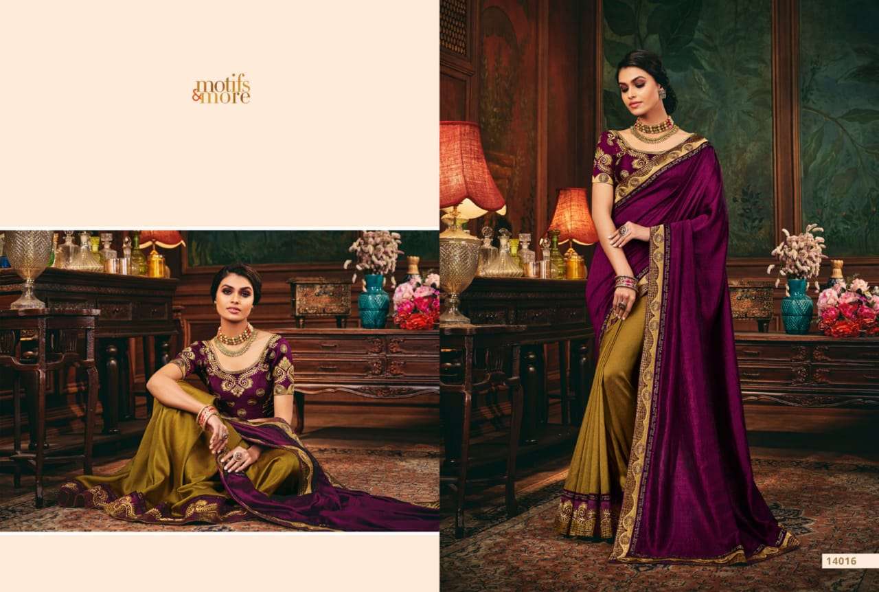 M AND M VOL-14 BY MOTIFS AND MORE INDIAN TRADITIONAL WEAR COLLECTION BEAUTIFUL STYLISH FANCY COLORFUL PARTY WEAR & OCCASIONAL WEAR SATIN GEORGETTE SAREES AT WHOLESALE PRICE