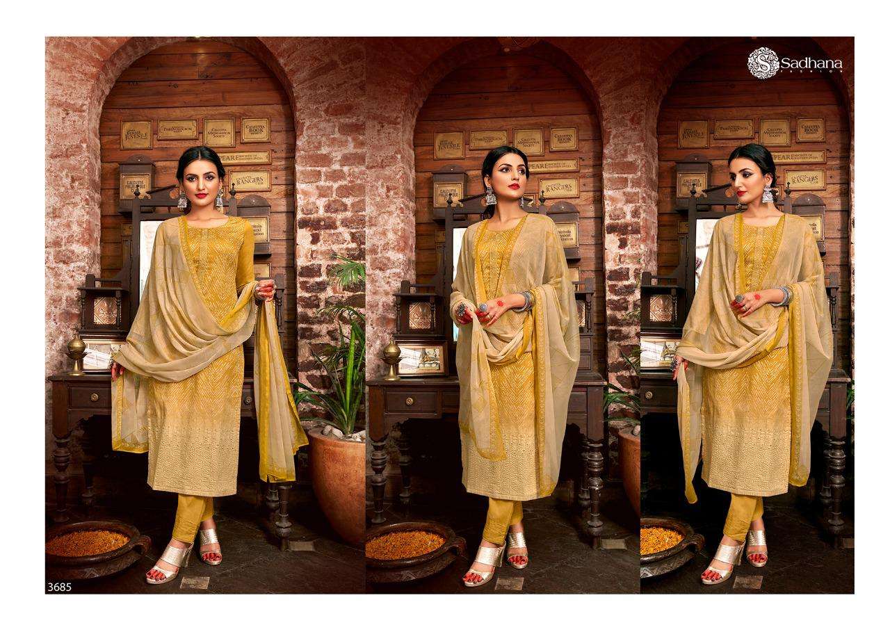 SADHNA VOL-35 BY SADHNA FASHION 3681 TO 3690 SERIES DESIGNER SUITS COLLECTION BEAUTIFUL STYLISH FANCY COLORFUL PARTY WEAR & OCCASIONAL WEAR PURE JAM SILK DRESSES AT WHOLESALE PRICE