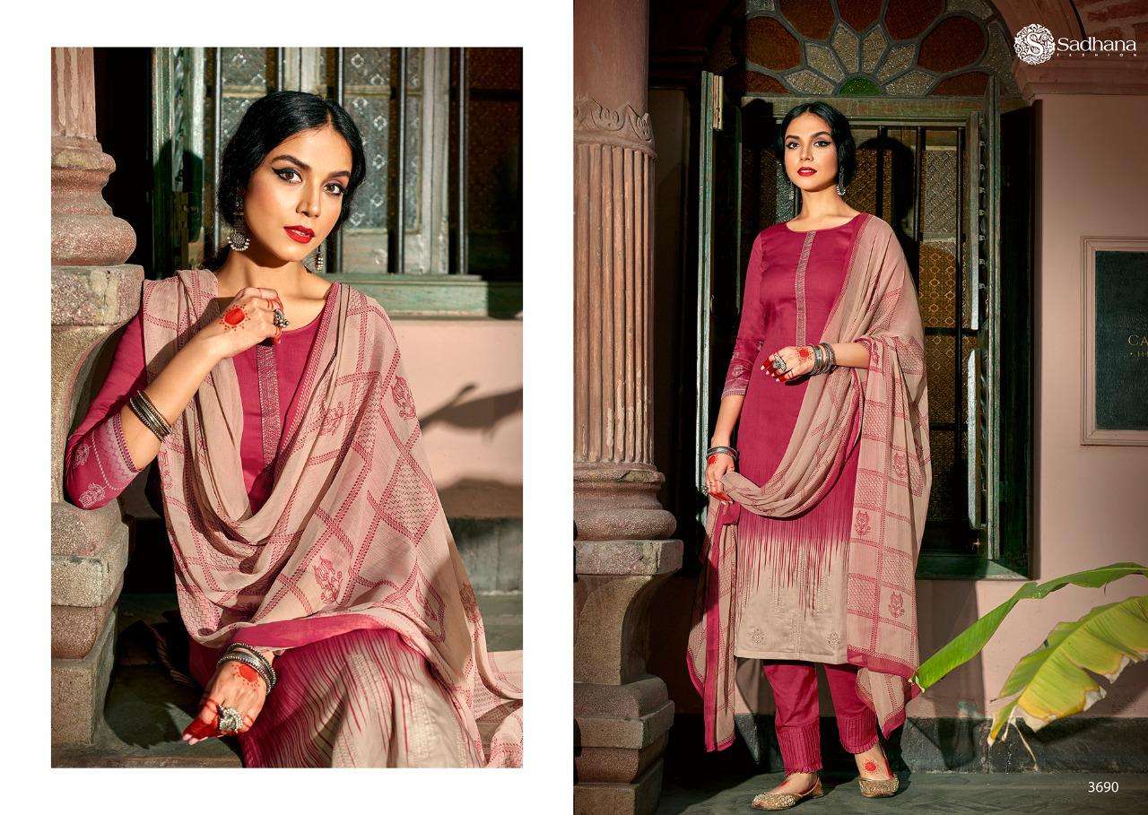 SADHNA VOL-35 BY SADHNA FASHION 3681 TO 3690 SERIES DESIGNER SUITS COLLECTION BEAUTIFUL STYLISH FANCY COLORFUL PARTY WEAR & OCCASIONAL WEAR PURE JAM SILK DRESSES AT WHOLESALE PRICE