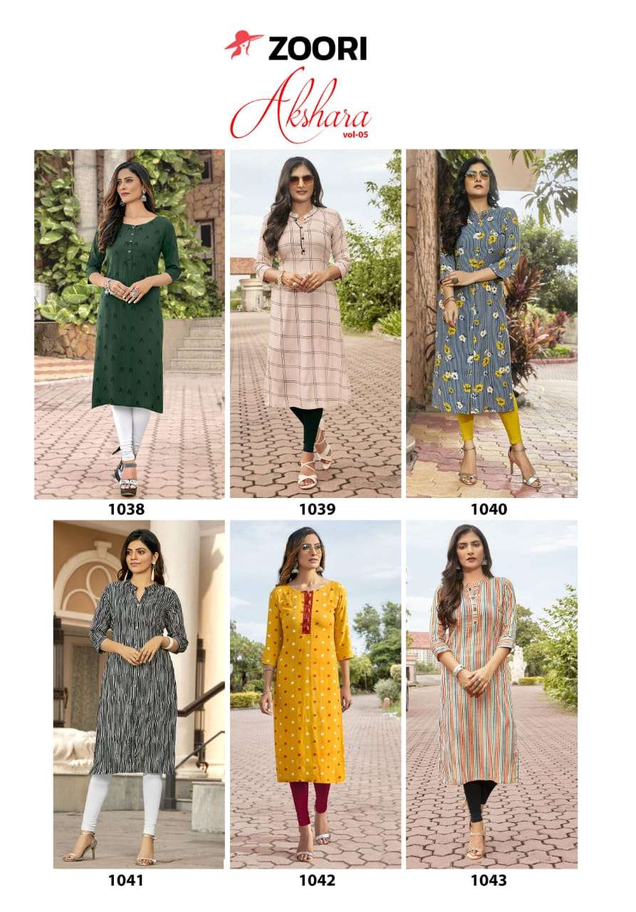 AKSHARA VOL-5 BY ZOORI 1038 TO 1043 SERIES DESIGNER STYLISH FANCY COLORFUL BEAUTIFUL PARTY WEAR & ETHNIC WEAR COLLECTION RAYON PRINT KURTIS AT WHOLESALE PRICE