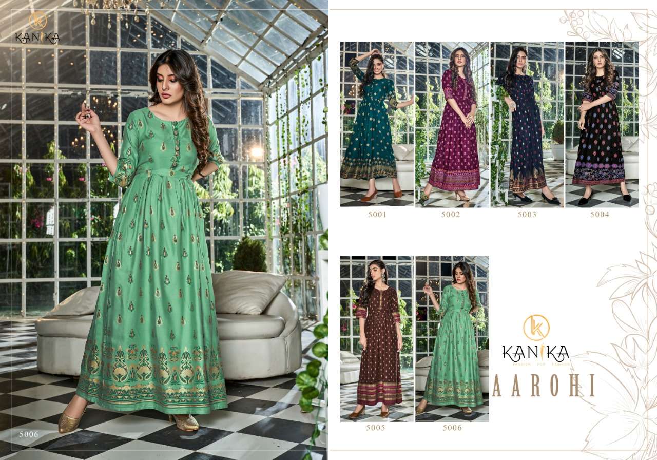 AAROHI BY KANIKA 5001 TO 5006 SERIES BEAUTIFUL SUITS STYLISH FANCY COLORFUL CASUAL WEAR & ETHNIC WEAR RAYON PRINTED GOWNS AT WHOLESALE PRICE