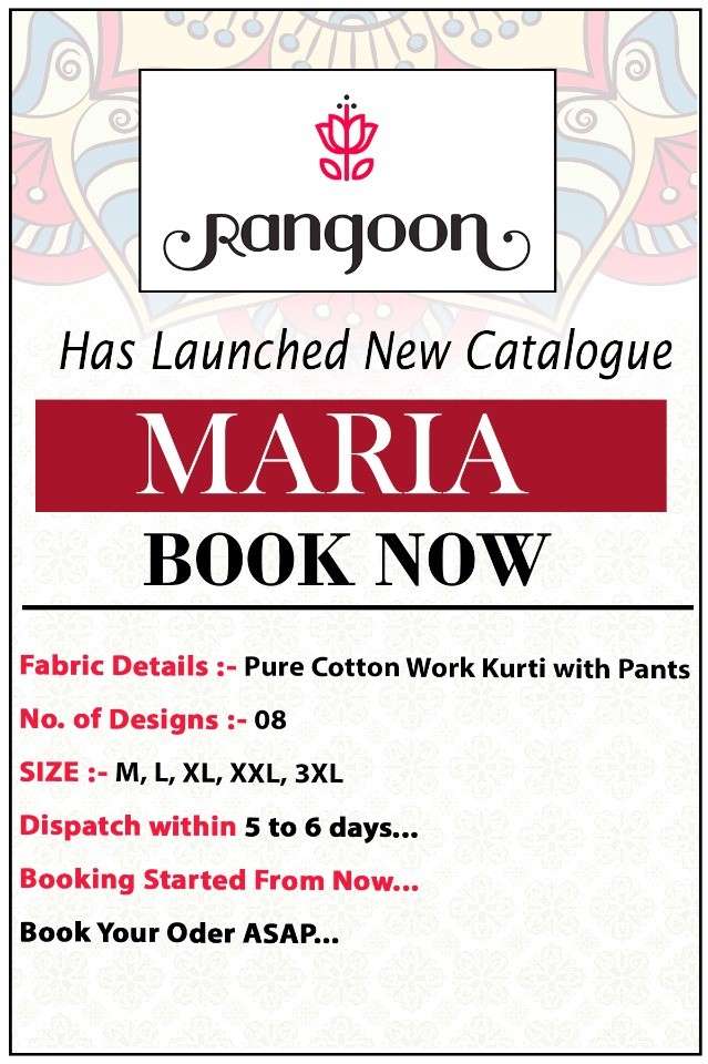 MARIA BY RANGOON 8321 TO 8328 SERIES DESIGNER STYLISH FANCY COLORFUL BEAUTIFUL PARTY WEAR & ETHNIC WEAR COLLECTION COTTON KURTIS WITH BOTTOM AT WHOLESALE PRICE