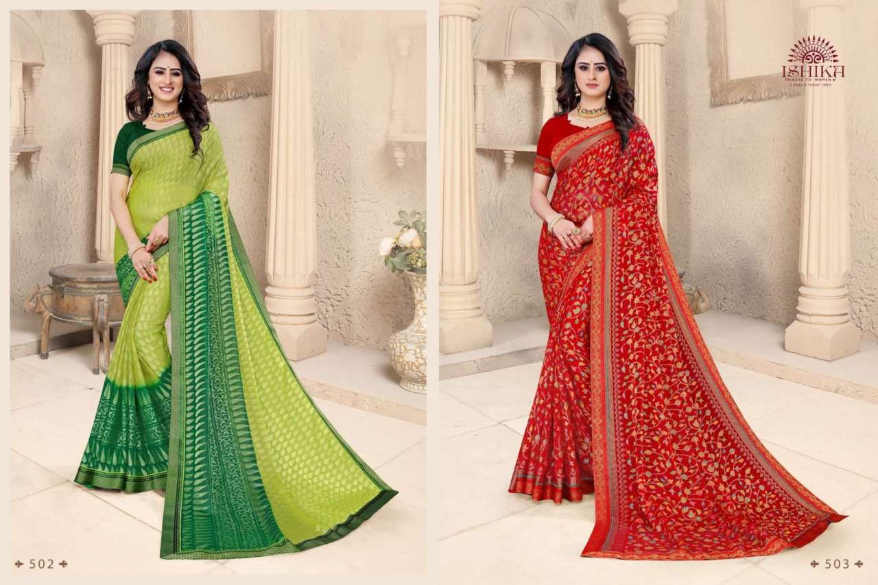 VARNIKA BRASSO BY ISHIKA FASHION 501 TO 506 SERIES INDIAN TRADITIONAL WEAR COLLECTION BEAUTIFUL STYLISH FANCY COLORFUL PARTY WEAR & OCCASIONAL WEAR CHIFFON BRASSO PRINT SAREES AT WHOLESALE PRICE