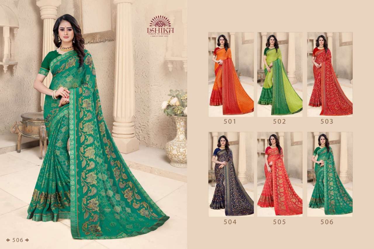 VARNIKA BRASSO BY ISHIKA FASHION 501 TO 506 SERIES INDIAN TRADITIONAL WEAR COLLECTION BEAUTIFUL STYLISH FANCY COLORFUL PARTY WEAR & OCCASIONAL WEAR CHIFFON BRASSO PRINT SAREES AT WHOLESALE PRICE