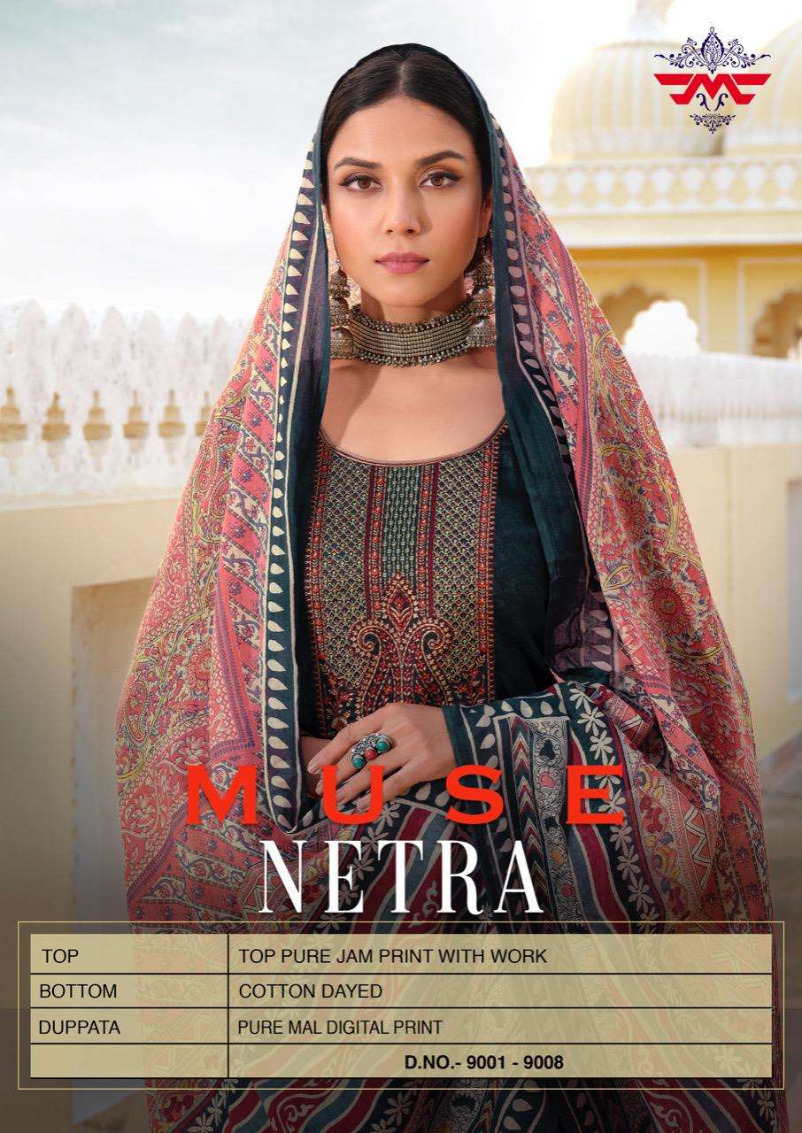 NETRA BY MUSE 9001 TO 9008 SERIES BEAUTIFUL STYLISH PAKISATNI SUITS FANCY COLORFUL CASUAL WEAR & ETHNIC WEAR & READY TO WEAR PURE JAM PRINT WITH WORK DRESSES AT WHOLESALE PRICE