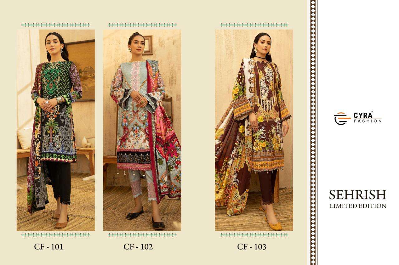 SEHRISH LIMITED EDITION BY CYRA FASHION 101 TO 103 SERIES DESIGNER PAKISTANI SUITS COLLECTION BEAUTIFUL STYLISH FANCY COLORFUL PARTY WEAR & OCCASIONAL WEAR COTTON DIGITAL PRINT WITH WORK DRESSES AT WHOLESALE PRICE