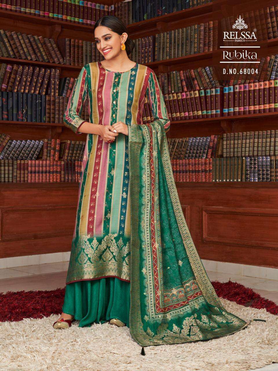 RUBIKA BY RELSSA FABRICS 68001 TO 68006 SERIES BEAUTIFUL SUITS COLORFUL STYLISH FANCY CASUAL WEAR & ETHNIC WEAR TANSUI SILK DIGITAL PRINT DRESSES AT WHOLESALE PRICE